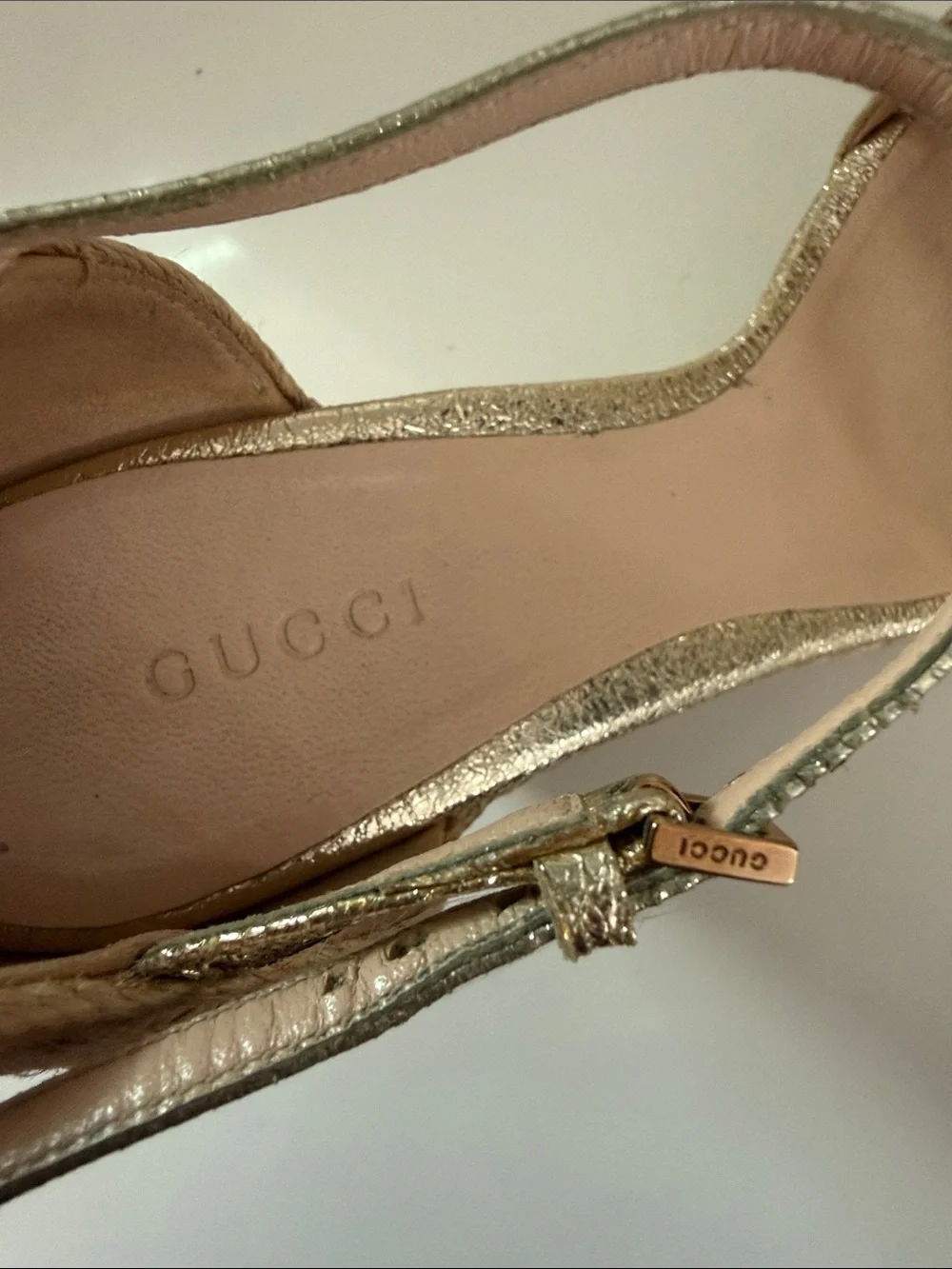 Gucci Gold Metallic Wedge horsebit Sandals- Sz 37/7